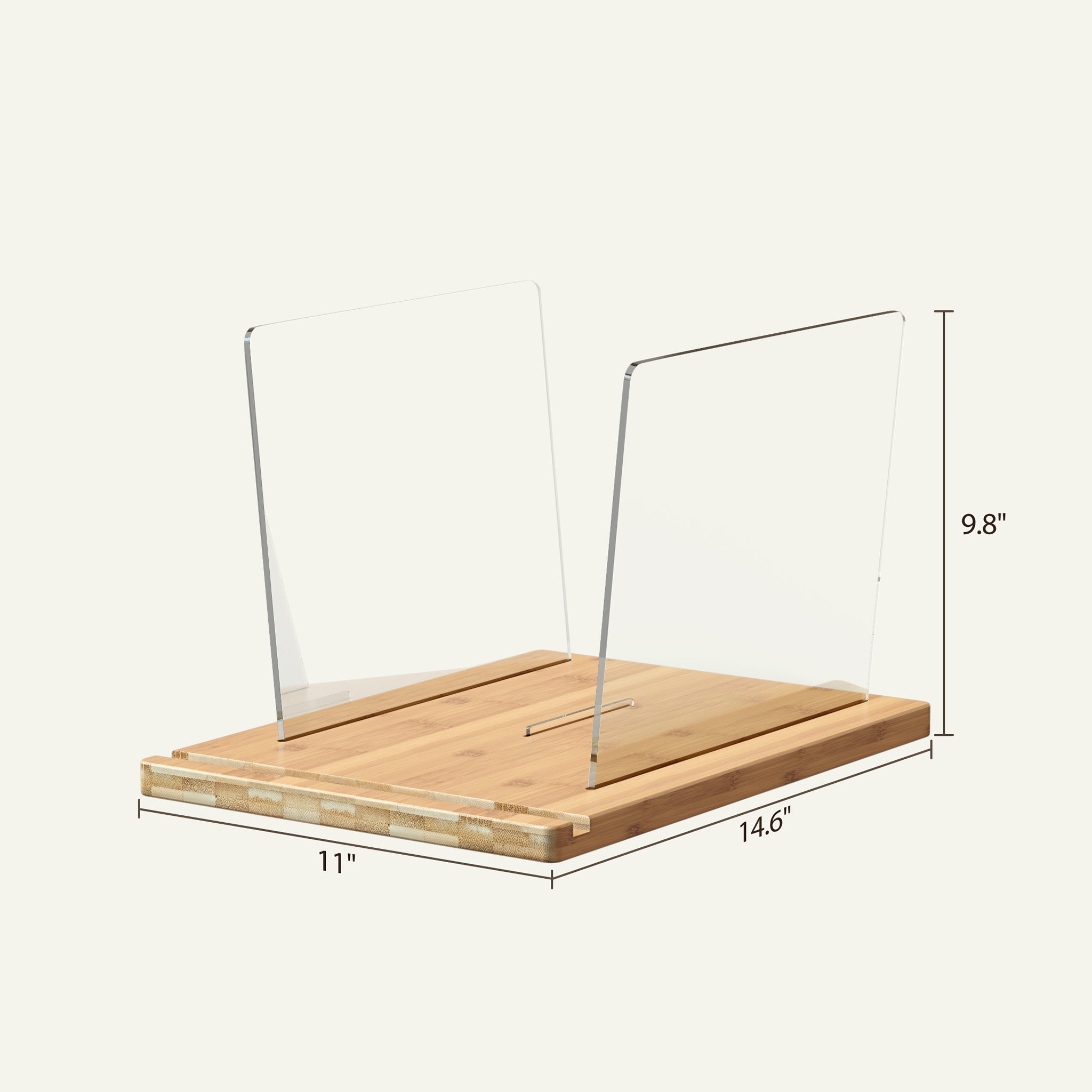 TAKMORK Record Storage Holder is made of high density transparent acrylic sheet with thick bamboo material，The vinyl records holder measures approximately 11 x 14.57 x 9.84 inches，enough to hold about 45 records without worrying about tipping.The simple yet elegant combination of natural wood and clear acrylic ensures it complements various home decoration styles. 