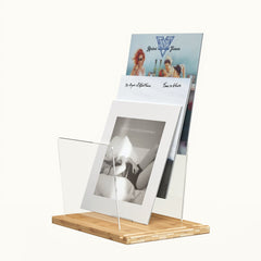 TAKMORK Record Storage Holder is made of high density transparent acrylic sheet with thick bamboo material，The vinyl records holder measures approximately 11 x 14.57 x 9.84 inches，enough to hold about 45 records without worrying about tipping.The simple yet elegant combination of natural wood and clear acrylic ensures it complements various home decoration styles. 