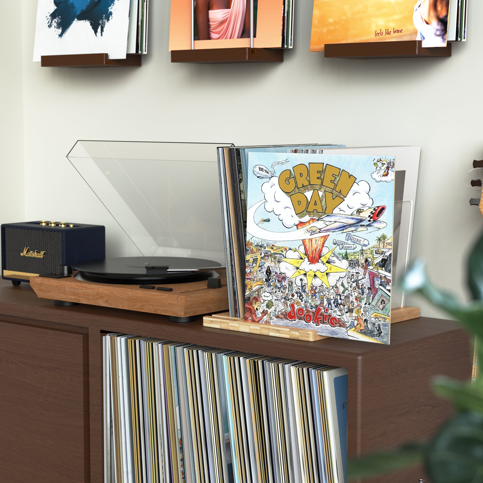 TAKMORK Record Storage Holder is made of high density transparent acrylic sheet with thick bamboo material，The vinyl records holder measures approximately 11 x 14.57 x 9.84 inches，enough to hold about 45 records without worrying about tipping.The simple yet elegant combination of natural wood and clear acrylic ensures it complements various home decoration styles. 