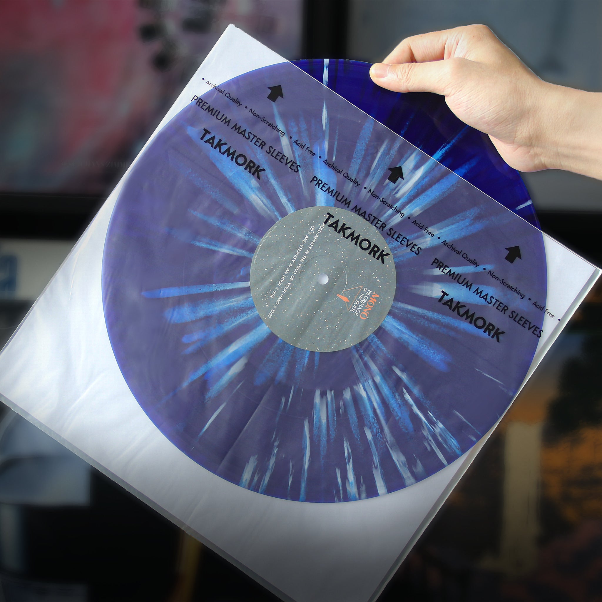 TAKMORK record inner sleeves are imported, three-ply, premium anti-static (rice paper-like) sleeves that work with both LPs and laser discs. The back construction consists of a paper layer sandwiched between two sheets of high density polyethylene (HDPE) with a clear HDPE front.